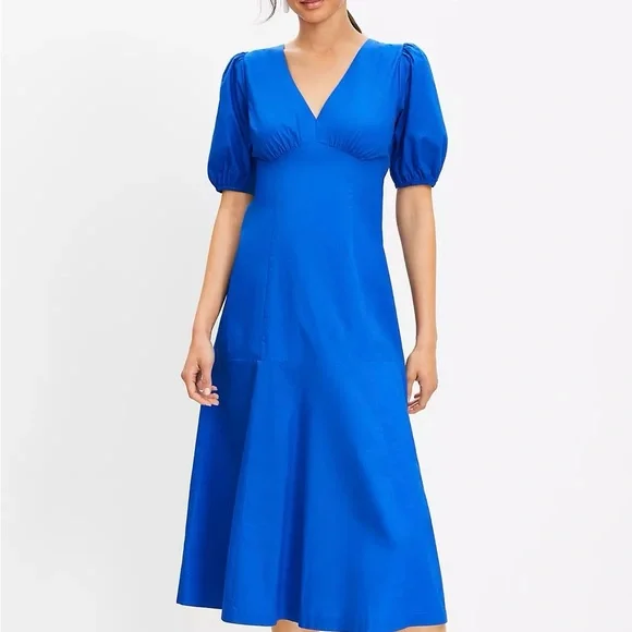 Loft Poplin Tie Back Puff Sleeve Midi Dress Size 10 - Picture 1 of 14